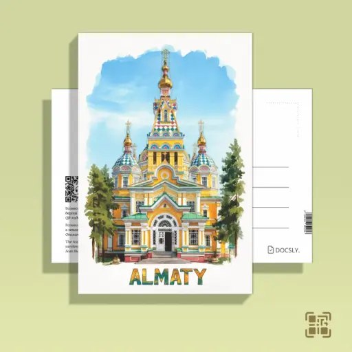 Открытка Docsly Вознесенский собор Лето Парадный фасад DALPA12 / 10x15 см Архитектурные жемчужины Алматы OPP пакет
