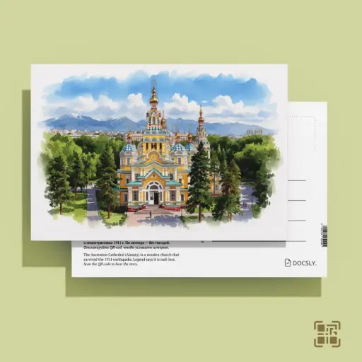 Docsly Postcard Ascension Cathedral Mountain View DALPA13 / 10x15 cm Architectural Gems of Almaty OPP bag