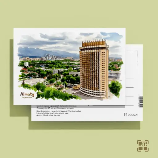 Ашық хат Docsly Қазақстан қонақ үйі Қала көрінісі DALPA15 / 10x15 см Алматы сәулет жауһарлары OPP қаптама